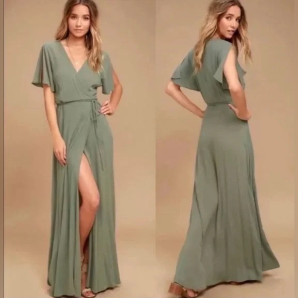 Lulus Much Obliged Washed Olive Green Wrap Maxi Dress